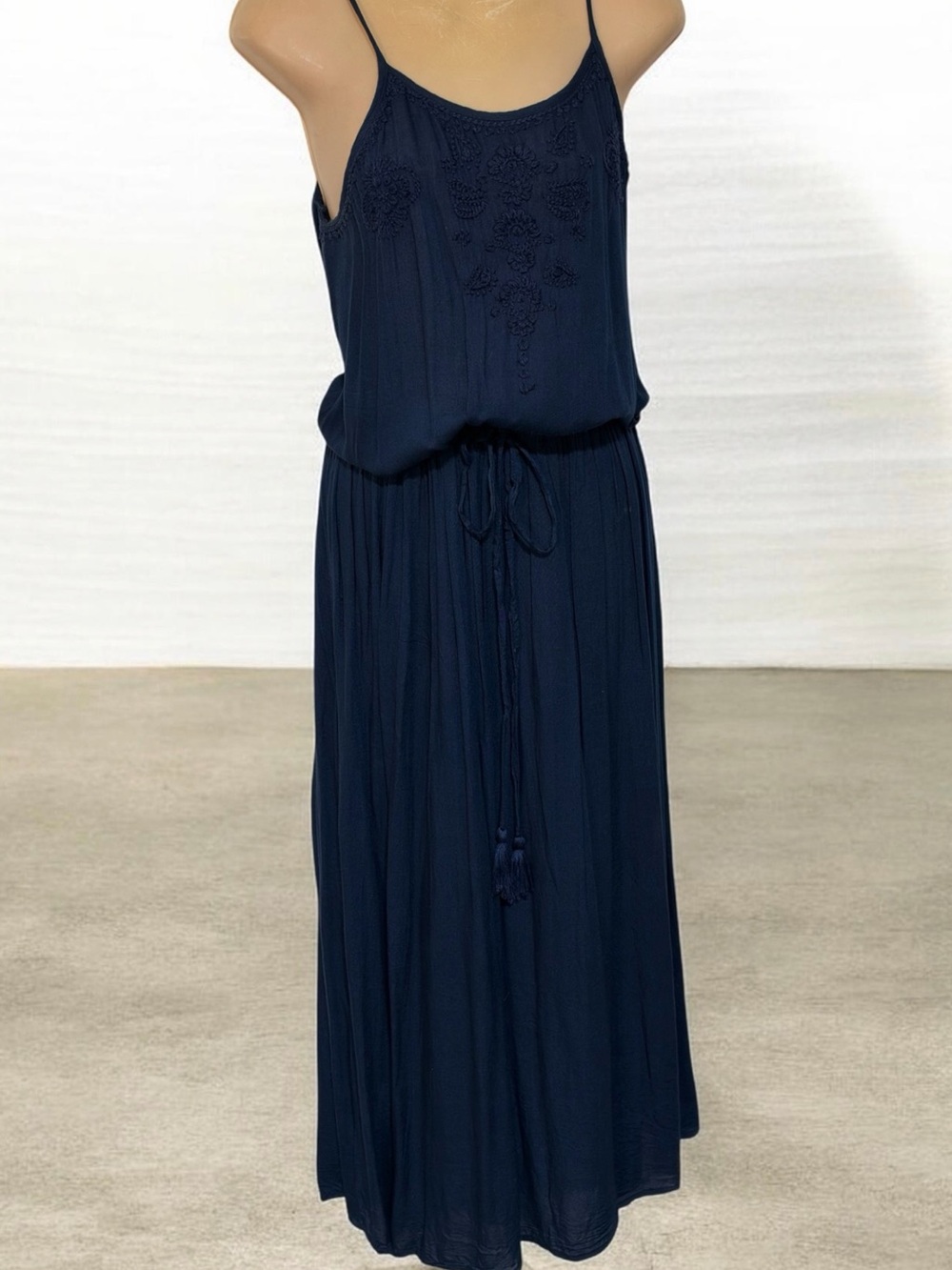 NATURA Navy Sleeveless Maxi Dress with Embroidered Bodice